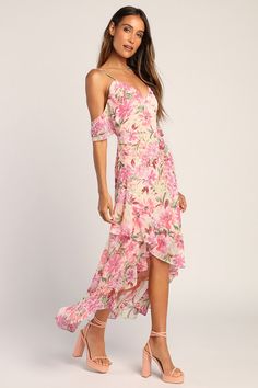 Be the talk of any garden party with the Lulus Watch Me Grow Pink Floral Print Cold-Shoulder High-Low Dress! A fun floral print decorates lightweight woven chiffon that shapes adjustable spaghetti straps that support short, ruffled, cold-shoulder sleeves. An empire waist tops the fitted silhouette that falls to a fluttery skirt with a ruffled, high-low hemline. Hidden back zipper/clasp. Fit: This garment fits true to size. Length: Ankle length. Size medium measures 41" from adjustable straps to Feminine Summer Chiffon Maxi Dress, Feminine Chiffon Maxi Dress For Summer, Bohemian Chiffon Floral Dress For Garden Party, Off-shoulder Chiffon Summer Dress, Spring Brunch Chiffon Dress, Summer Floral Print Maxi Dress For Brunch, Flowy Maxi Dress For Spring Summer Parties, Spring Floral Print Chiffon Maxi Dress, Spring Maxi Length Dresses For Summer Parties