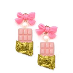 "Details: -Hypoallergenic surgical steel posts -Pink Resin Bows -High quality glass pearls -1\" chocolate bar charms with gold foil wrapper -2\" total length -1\" width -Choose your favorite color from the drop-down menu -Handmade & Limited -Closes with butterfly clutch backings *Please note decorated eggs may have tiny flaws in the paint. **Made to order - may take up to 2 weeks to make before shipment** Every order comes with free gift packaging! Please contact me with any questions you may ha Sweet Hypoallergenic Earrings For Gifts, Sweet Hypoallergenic Earrings As Gift, Sweet Pink Earrings As Gift, Novelty Pink Hypoallergenic Earrings, Trendy Pink Plug Earrings As Gift, Sweet Gold Earrings For Gift, Candy Earrings, Earrings Food, Decorated Eggs