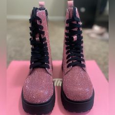 Brand New In Original Box With Original Stuffing Size 6 Glitter Boots With Round Toe, Trendy Glitter Boots With Round Toe, Pink Glitter High Heel Boots, Pink Round Toe Party Boots, Pink Sparkling Boots For Party, Pink Sparkling Party Boots, Sparkling Pink Party Boots, Pink Glitter Boots With Round Toe, Trendy Pink Glitter Boots