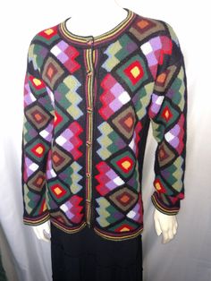 "VTG WOMEN MULTICOLOR CARDIGAN KNIT BLAZER SOFT WINTER CARDIGAN. Colorful cardigan with unique special designed buttons. Very soft lightweight button up sweater. Can be worn all year around. *Size: L *Acrylic *Perfect Condition Measurement: ( Please check the numbers ) *Shoulder: 20\" ( Lowered sleeve ) *Bust: 20\" *Hip: 21\" *Length: 34\" *Sleeve: 18\" Thank you for visiting my store. You can also visit my \" MargaretJewelryShop \"" Multicolor Jacquard Knit Winter Cardigan, Winter Multicolor Jacquard Knit Cardigan, Multicolor Jacquard Knit Cardigan For Winter, Multicolor Wool Long Sleeve Cardigan, Multicolor Jacquard Knit Fall Cardigan, Multicolor Knit Retro Outerwear, Fitted Argyle Pattern Sweater For Fall, Multicolor Jacquard Knit Cardigan For Fall, Fall Multicolor Jacquard Knit Cardigan