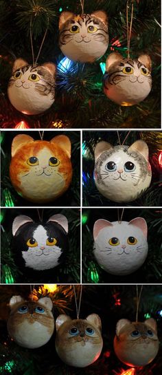 several pictures of different ornaments made to look like cats