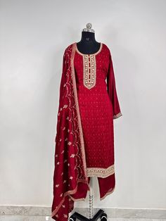 Pakistani Salwar Kameez / Indian Wedding Dress / Plus Size Cotton Dress Traditional Indian Wear / Salwar Kameez Dupatta / Kurti Palazzo Set Product Details Maroon yoke design Kurta with Trousers with dupatta Kurta design: * Floral yoke design * Straight shape * Regular style *Round neck, three-quarter regular sleeves * Calf length with straight hem * Silk blend fabric * Sequinned detail Trousers design:  * Solid Trousers * Partially elasticated waistband * Slip-on closure Material & Care Silk Bl Festive Anarkali Palazzo Set With Zari Work, Unstitched Anarkali Churidar For Festive Occasions, Transitional Art Silk Palazzo Set With Dupatta, Art Silk Sharara With Straight Kurta And Dupatta, Anarkali Art Silk Palazzo Set With Zari Work, Festive Anarkali Kurta In Chinon, Semi-stitched Anarkali Set For Festive Occasions, Anarkali Salwar Kameez With Kundan For Eid, Art Silk Sharara With Dupatta