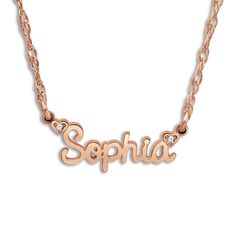 Personalize the perfect gift for a loved one or yourself with this meaningful high-polish name necklace, punctuated with two shimmering diamond accents. Fashioned in 14K rose gold, the 18-inch rope chain secures in place with a spring ring clasp.Free personalization! May be personalized with your choice of 1 name (3 to 8 characters). Personalized Rose Gold Diamond Necklaces, Rose Gold Name Necklace For Valentine's Day Anniversary, Rose Gold Diamond Birthstone Necklace For Anniversary, Anniversary Rose Gold Diamond Birthstone Necklace, 14k Rose Gold Name Necklace For Personalized Gift, Personalized 14k Rose Gold Name Necklace, Rose Gold 14k Personalized Name Necklace, Rose Gold Birthstone Name Necklace For Anniversary, Personalized Rose Gold 14k Name Necklace