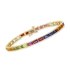 Ross-Simons - 10.60ct t. w. Multi-Gemstone Tennis Bracelet Over Sterling. 7". Add color to your neutrals in a chic way! Our tennis bracelet parades the wrist with 10.60 ct. tot. gem wt. multi-shaped amethyst, rhodolite garnet, yellow and orange citrine, garnet, peridot, Swiss and sky blue topaz and iolite gems. Set in sunny 18kt yellow gold over sterling silver. Figure 8 safety. Push-button clasp, multi-gemstone tennis bracelet. Elegant Multicolor Tennis Bracelet For Formal Occasions, Elegant Formal Multicolor Tennis Bracelet, Elegant Multicolor Multi-stone Gold Bracelet, Elegant Multicolor Diamond Bracelet For Formal Occasions, Elegant Multicolor Tennis Bracelet For Anniversary, Elegant Multicolor Multi-stone Tennis Bracelet, Elegant Multicolor Gold Bracelet For Formal Occasions, Elegant Multicolor Gold Bracelet For Formal Events, Classic Multicolor Bracelets For Formal Occasions