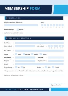 a blue and white printable form for a job application