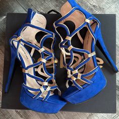 New Beautiful Style, Metallic Gold Trim On A Royal Blue Color Cage Design. Back Zipper Closure. Platform, Black Anti Skid Bottom Soles. Chic Blue Sandals For Night Out, Black Mules Heels, Black Peep Toe Heels, T Strap Heels, Metallic Heels, Pumps Heels Stilettos, Studded Sandals, Spike Heels, Gold Heels