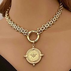 Gold Chunky Multilink Chain Necklace-French Bee Replica Coin, Coin wit - Vanessadesigns4u Gold Coin Jewelry, Hand Knotted Necklace, Beautiful Gold Necklaces, Bee Pendant, Spring Jewelry, Gold Coin, Gold Necklace Designs, Coin Jewelry, Necklace Online