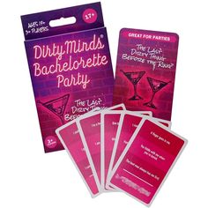 four pink cards with the words dirty minds bachelor party written on them