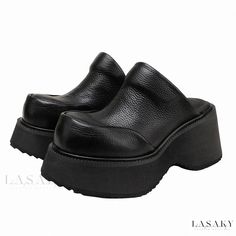 Lasaky - Thick-soled Leather Shoes with Vintage Appeal: Comfortable Wedge Heels and Platform Sandals Black Platform Slippers With Chunky Platform And Round Toe, Wedge Sandals With Thick Bottom And Round Toe, Casual Heels With Thick Bottom And Round Toe, Black Leather Wedge Heel Platform Slippers, Casual Leather Wedge Sandals With Thick Bottom, Casual Wedge Sandals With Rubber Sole And Round Toe, Casual Wedge Sandals With Round Toe And Rubber Sole, Casual Wedge Sandals With Rubber Sole, Black Leather Platform Slippers With Thick Bottom