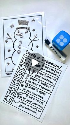 a snowman activity sheet and stamp with markers