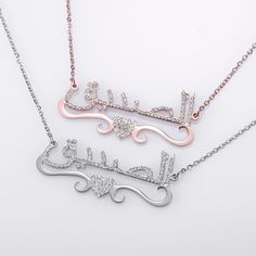 Free US Shipping - This Week Only! •Starting under $60 today only! •Buy Now Pay Later with QuadPay interest free installment payments! Just choose QuadPay when you add to cart! These stunning, high quality laser cut Arabic Script Custom Name Pendant Necklaces With Heart Accent scream elegance and style! Goes with every look and comes in Rose Gold or Platinum Plated! We have the best quality & the best prices for custom jewelry! *Include desired name in add to cart notes, or email to info@starcro Customizable Pink Necklaces For Anniversary, Customizable Rose Gold Necklaces For Valentine's Day, Customizable Rose Gold Necklace For Valentine's Day, Customized Rose Gold Necklace For Valentine's Day, Customized Heart-shaped Rose Gold Necklaces, Customized Rose Gold Heart Necklaces, Customized Pink Necklaces For Valentine's Day, Customized Rose Gold Heart Pendant Necklace, Customizable Rose Gold Heart Necklace For Valentine's Day