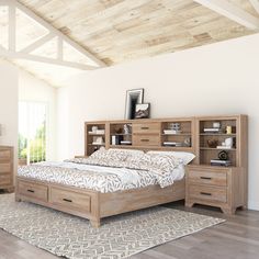 a bedroom with a bed, bookcases and drawers