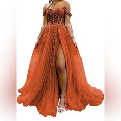 Nwt Orange Off-The-Shoulder Corset Gown W/ Lace Appliqu And Tulle Skirt Size 14 Off The Shoulder Dress With Tulle, Orange Prim Dresses, Blood Orange Prom Dresses, Plus Size Orange Prom Dresses, Prom Dresses Prange, Orange Bride Dresses, Sunset Color Prom Dresses, Quincenera Dresses Orange, Fiery Wedding Dress