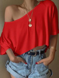 Knit Loose One-Shoulder Oversized T-Shirt For Women Red Casual  Half Sleeve Knitted Fabric Plain  High Stretch  Women Clothing, size features are:Bust: ,Length: ,Sleeve Length: Red Collar, T Shirt For Women, Oversized T Shirt, Batwing Sleeve, Half Sleeve, Oversized Tshirt, Half Sleeves, Women Clothing, Neck T Shirt