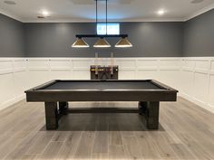 a pool table in the middle of a room with two lamps hanging from the ceiling