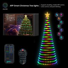 an image of a christmas tree with lights and remote controls on it's side