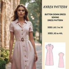 🌟:Button Down Dress Sewing Pattern, Cottagecore Dress Sewing Pattern, Button Front Dress, Million Button Dress Sewing Pattern, ⭐The sewing pattern does not include a belt pattern. It is used as an accessory in the image. ⭐US Sizes: 2, 4, 6, 8, 10, 12, 14, 16, 18, 20, 22, 24, 26, 28, 30 ⭐Standard Sizes: XS, S, M, L, XL, 2XL, 3XL, 4XL ⭐These patterns are suitable for A4, A0, and US Letter size papers. ⭐Once your payment is processed, you will automatically receive download links for the pattern f Fitted A-line Shirt Dress With Buttons, Fitted Button-up Shirt Dress, Button Up Dress Pattern, Dress Bodice Pattern, Button Down Dress Pattern, Button Dress Pattern, Strap Dress Pattern, Etsy Patterns, Sewing Garments