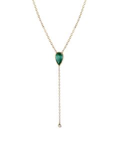 14k solid gold Length: 16" Drop: 1.5" 5x3mm Emerald Approximate emerald weight: .21 ctw 1.5 mm White diamond Approximate diamond weight: .015 ctw Elegant Adjustable Green Lariat Necklace, Green Lariat Jewelry For Formal Occasions, Formal Green Lariat Jewelry, Green 14k Gold Jewelry With Single Cut Diamonds, Elegant Green Dangle Drop Necklace, Green Lariat Jewelry With Adjustable Chain, Elegant Adjustable Emerald Gemstone Necklace, Dainty Emerald Jewelry With Adjustable Chain, Green Diamond Drop Jewelry