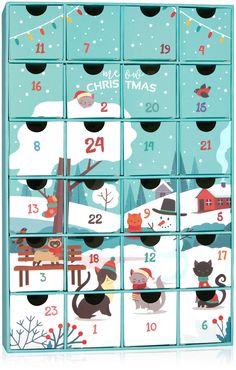 a christmas themed calendar with cats and snowflakes on the front, in blue