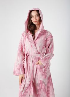 Turkish High Quality Cotton robes are traditionally made and handcrafted.bathrobes are made of 100% pure cotton. These robes absorb water easily, dry quickly, breathable, handwoven and ecofriendly. The breathability helps your body stay relaxed and comfortable. They are all hand loomed and higly absorbent structure.  The robes are designed with two pockets so that you can put your phone, card case  and other accessories.  They have   5 beautiful colors.  They are easy to carry and take up less space and chic and perfect gift for all occassions like weddings, bridesmaids, bachelorette parties, beach parties. These bathrobes are multifunctional and you can use at home, holiday, pools, spa and beach as cozy dressing gown or beach cover up.  You can match your robes with our same pattern towel Cotton Long Sleeve Robe For Winter, Winter Sleep Robe In Cotton, Winter Cotton Sleep Robe, Winter Sleep Cotton Robe, Pink Cotton Sleep Robe, Pink Cotton Robe For Daywear, Pink Cotton Home Robe, Pink Long Sleeve Cotton Kimono, Long Sleeve Pink Cotton Kimono