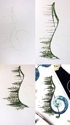 the process of drawing a vase with flowers and plants on it is shown in three different stages