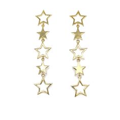 Our Earrings are made out of Sterling Silver Plated with 14k Gold and Cubic Zirconia. Gold Star Earrings Dangle, Star-shaped Yellow Gold Jewelry For Party, Star Shaped Yellow Gold Jewelry For Party, Anniversary Yellow Gold Star Charm Earrings, Anniversary Yellow Gold Earrings With Star Charm, Single Star-shaped Earring For Anniversary, Yellow Gold Star-shaped Pierced Earrings, Star-shaped Single Earring For Anniversary, Gold Star Earrings For Anniversary