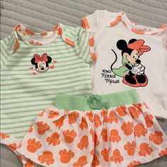 Set Of Three Disney Pieces Of Clothing All Matching Six Months Playful Green Sets With Character Print, Cute Sets With Character Print For Playwear, Cute Character Print Playwear Sets, Cute Playwear Sets With Character Print, White Character Print Sets For Playwear, White Character Print Playwear Sets, White Playwear Set With Character Print, Playful Mickey Mouse Cotton Sets, White Fun Sets With Cartoon Print