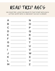 the road trip abc's printable worksheet is shown in black and white