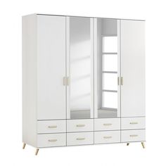 a white cabinet with two doors and drawers