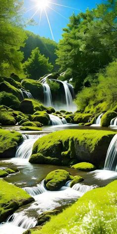 the sun shines brightly over a small waterfall surrounded by lush green grass and rocks