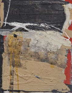 an abstract painting with black, yellow and red colors on it's surface is shown