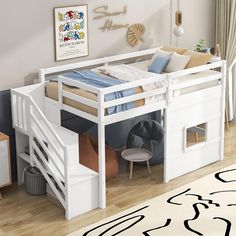 a bunk bed with stairs and storage underneath it in a child's playroom