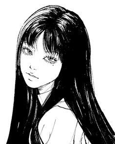 a black and white drawing of a girl with long hair