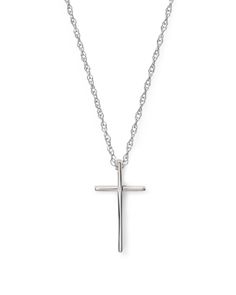 A graceful, classic cross pendant necklace crafted in 14K white gold. Timeless Silver Cross Pendant Necklace, Sterling Silver Cross Pendant Necklace, Elegant Sterling Silver Crucifix Necklace, Sterling Silver Crucifix Cross Necklace, Timeless Sterling Silver Cross Pendant Necklace, Elegant Sterling Silver Cross Necklace For Formal Occasions, Timeless White Gold Cross Necklace, Classic White Gold Crucifix Necklace, Elegant Sterling Silver Cross Necklace With Polished Finish