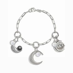 Wear divine lunar energy at all times with this undeniably cute charm bracelet. This perfect set of three celebrates all the mystery and beauty of protective, feminine moon energy, and includes our Charm Collector Bracelet with the white topaz Watchful Moon Eye, mother of pearl Man in the Moon, and the pavé white topaz Twisted Moon Amulet, each accented with a fiery Opal Amulet. Moon Amulet, Lunar Energy, Moon Energy, Triple Moon Goddess, Man In The Moon, In The Moon, Triple Moon, Moon Charm, Cute Charms