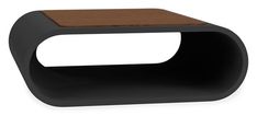 a black and wood side table with a wooden shelf on the top that is shaped like an oval