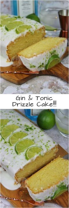 a cake that is cut in half and sitting on a cutting board with limes around it