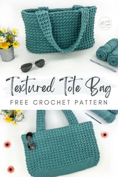 a crocheted tote bag with text overlay that says, textured tote bag free crochet pattern