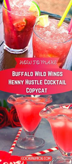 A refreshing Henny Hustle cocktail in a glass, garnished with a lemon wheel. This cocktail features a blend of Hennessy, Triple Sec, Lemon Sour, and Strawberry Puree, inspired by the popular Buffalo Wild Wings recipe. Hennessy Mixed Drinks Recipes, Cognac Drinks Cocktails, Mixed Drinks With Hennessy, Harry Buffalo Drink Recipe, Henny Cocktails, Hennessy Drinks Recipes Cocktails, Henesy Drink, Drinks With Hennessy, Hennessey Drink Recipes