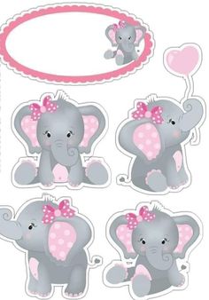 a set of stickers with an elephant and heart on the top, in pink polka dots