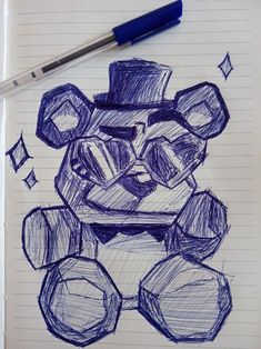 a pencil drawing of a teddy bear made with cubes and blocks on lined paper