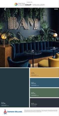 the color scheme for an interior design project, including blue couches and green plants