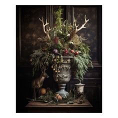 a vase filled with flowers and antlers sitting on top of a table next to a deer