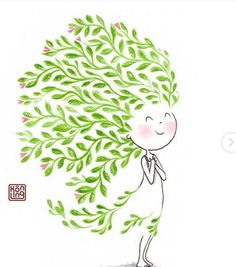 a drawing of a person holding a bunch of leaves in their hands and looking up at the sky