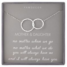 PRICES MAY VARY. ❤️The Meaning: This interlocking two circle necklace is the special way to express the bond between mom and daughter. No matter where we go, no matter what we do, you will always have me and I will always have you. This necklace gift can express your emotional sustenance, maybe far away, always in heart. For those who are looking for gifts for mom gifts from daughter, daughter gifts, mom jewelry gifts, it is! ❤️Length and Materials: This 2 circle mom daughter necklace is made of Meaningful Engraved Necklace For Mom, Elegant Engraved Necklace As A Gift For Mom, Meaningful Customizable Necklaces As A Gift For Mom, Mom And Daughter Necklaces, Mother And Daughter Necklaces Cheap, Mom Daughter Necklace, Mother Daughter Necklaces Set, Mom Gifts Jewelry, Boyfriends Mom Gifts