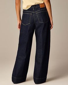 J.Crew: Point Sur Puddle Jean In Rinse Wash For Women Dark Wash Wide Leg Flare Jeans In Rigid Denim, Dark Wash Rigid Denim Wide Leg Flare Jeans, Dark Wash Wide Leg Rigid Denim Flare Jeans, Wide Leg Dark Wash Flare Jeans, Fall Denim Wide Leg Pants With Five Pockets, Dark Wash Full Length Flare Jeans In Recycled Denim, Recycled Denim Jeans With Standard Cut For Fall, Recycled Denim Jeans For Fall With Standard Cut, Trendy Bottoms In Rigid Denim With Standard Cut Leg