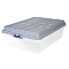 a plastic storage box with the lid open on a white background, it is also used to store items