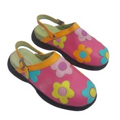 Beautiful And Hard To Find Vintage Hanna Andersson Clogs! Features: Multi-Colored Floral Appliqus, Fully Adjustable And Reversible Straps Size: Eu 35 (Usa 2.5-3) Colors: Bright Pink/Light Pink/Orange/Orchid/Aqua/Pear Materials: Leather Uppers/Leather Insoles/Rubber Soles Made In China. Condition: Like New; Never Worn; However, There Is A Faded Area On The Outer Right Clog, As Seen In Photos. Otherwise, These Clogs Are In Excellent Unused Condition! Smoke-Free, Pet-Friendly Home! This Item Is Cro Painted Leather Shoes, Painted Clogs, Silly Shoes, Bright Colored Outfits, Orange Orchid, Funky Shoes, Fresh Shoes, Vintage Kitsch, Colorful Shoes