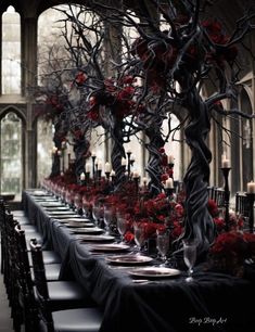 a long table is set with black and red flowers, candles and branches in vases