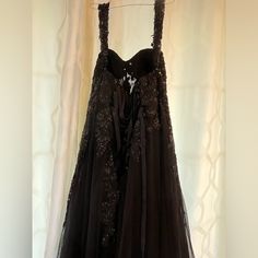 Custom Made Corset Dress (Fabric) Lace Wedding Gown Color:Black Size: 14 Detachable Off Shoulder Sleeves Never Worn, Only Tried On. Perfect For Gothic Wedding Or Halloween Event Sales Are Final. Black Dress With Fitted Bodice And Sweep Train, Black Dress With Sweep Train And Fitted Bodice, Sleeveless Black Ball Gown For Wedding, Black Gown With Fitted Bodice, Black Tulle Dress For Formal Occasion, Evening Ball Gown Wedding Dress With Corset Back, Black Evening Dress With Corset Back For Prom, Black Tulle Gown With Corset Back, Black Evening Dress With Detachable Train